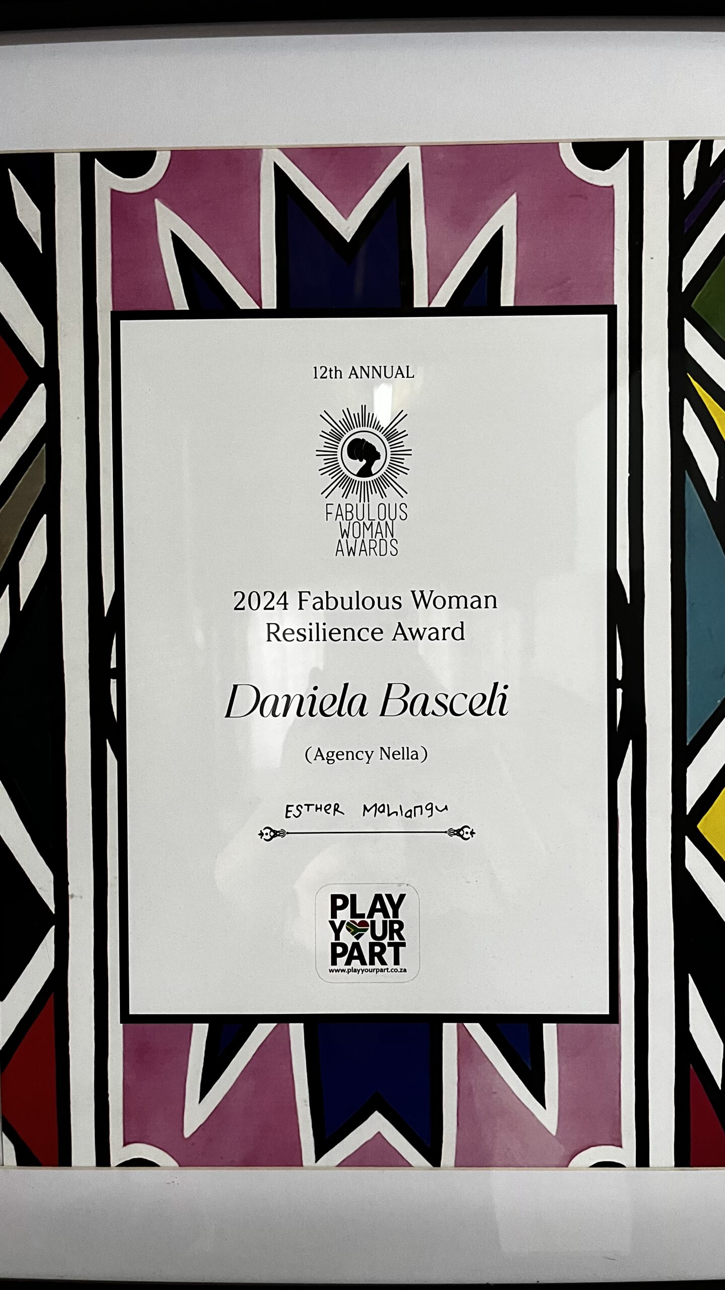 Daniela Bascelli 2024 Fabulous Woman Resilience Award Certificate